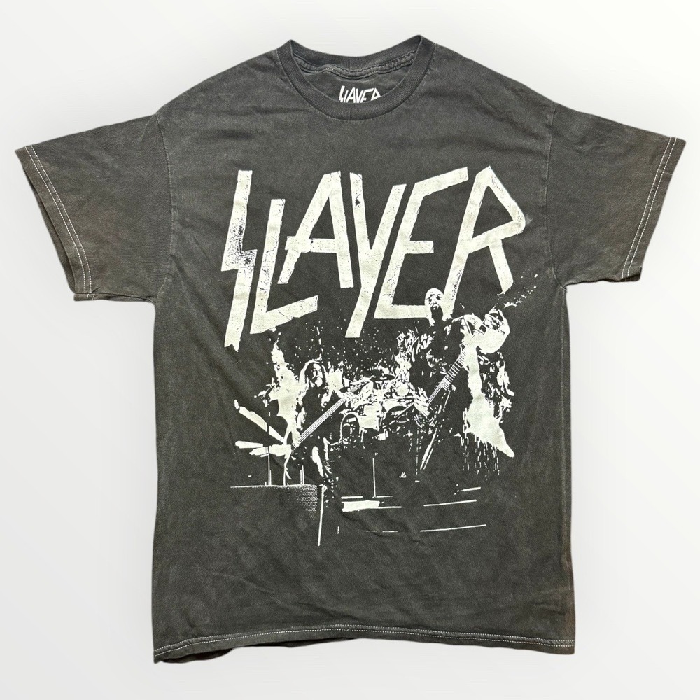 Slayer Band Graphic T-Shirt Washed Black Cotton Short Sleeve Rock Tee Small